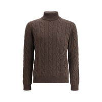 Aragona Cashmere Brown Cashmere Turtleneck - Brown cable knit turtleneck sweater on a white background