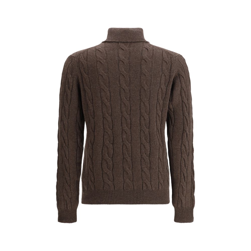 Aragona Cashmere Brown Cashmere Turtleneck - Brown cable knit turtleneck sweater on a white background