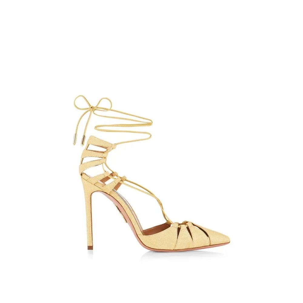 Aquazzura Yellow Raffia Stiletto Heel Sandals