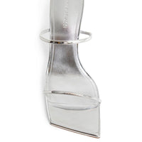 Amina Muaddi Silver Calfskin Stiletto Heel Sandals