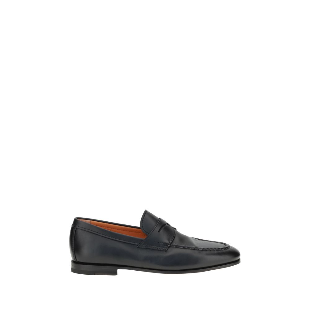 Santoni Black Calf Leather Bos Taurus Slip-On Loafers