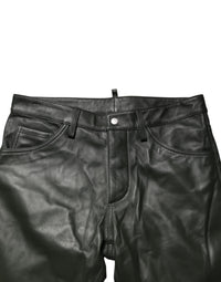 Dsquared² Black Full Grain Leather Mid Waist Trouser Pants