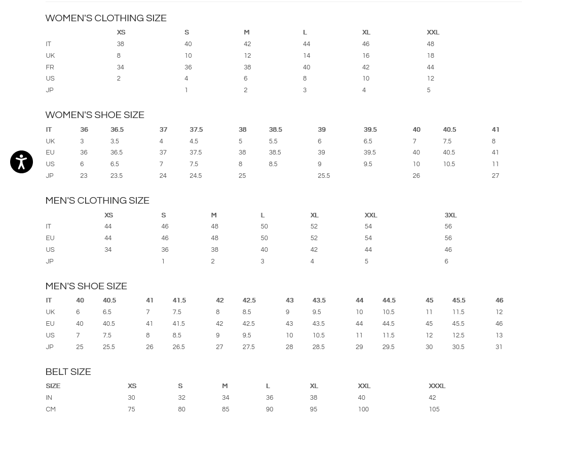 Size chart for women's clothing, shoes, and belts on a white background