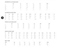 Size chart for women's clothing, shoes, and belts on a white background