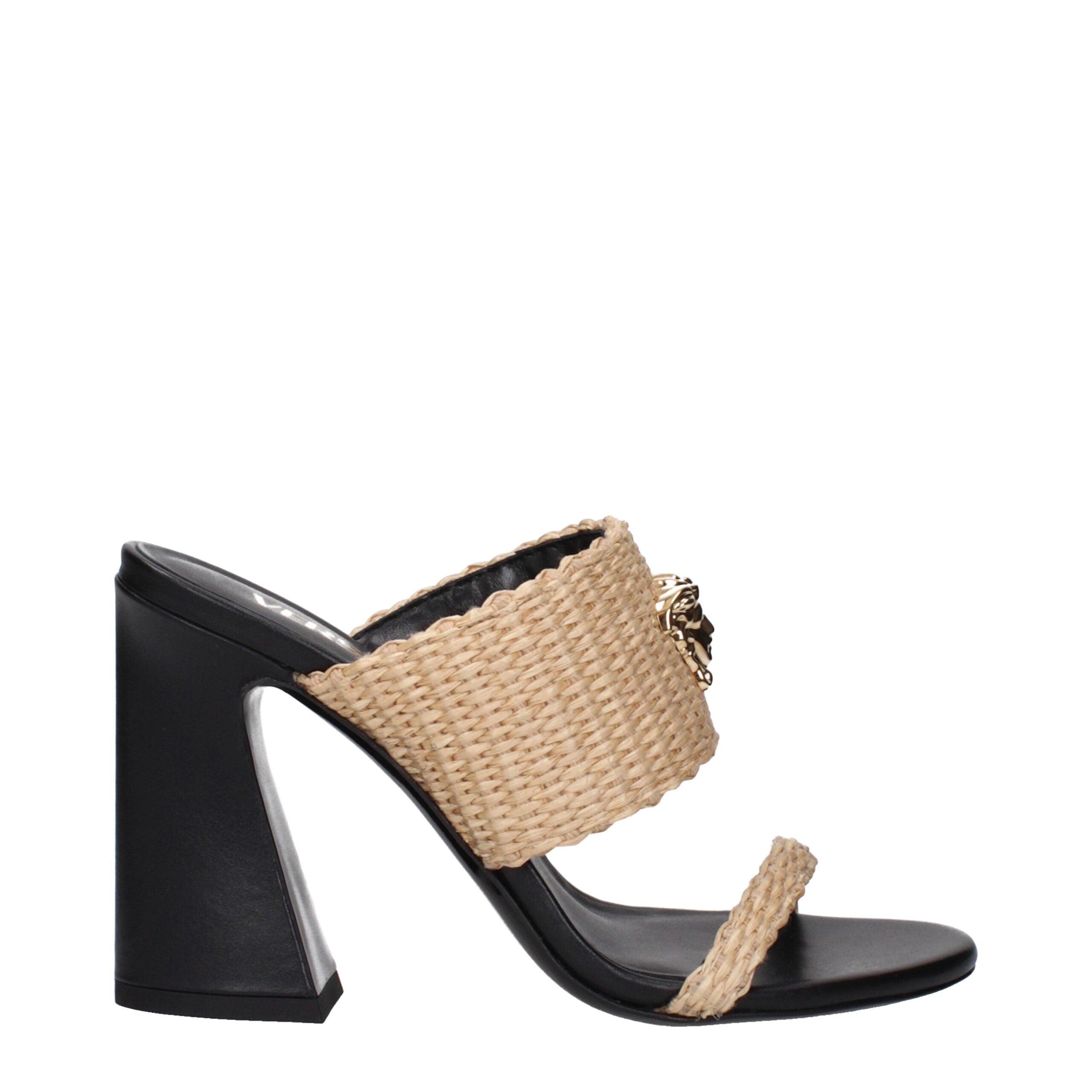 Versace Beige Raffia Sandal - Black high-heeled sandal with woven strap