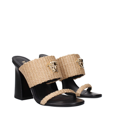 Versace Beige Raffia Sandal - Black high-heeled sandals with woven straps and gold accents 