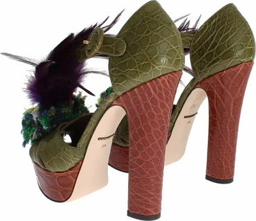Dolce & Gabbana Green Leather Crystal Platform Sandal Shoes